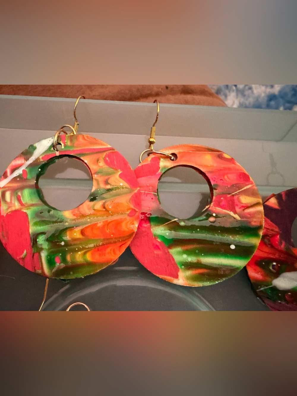 Hand-Painted Red & Green Round Hoop Earrings with Gold Hooks